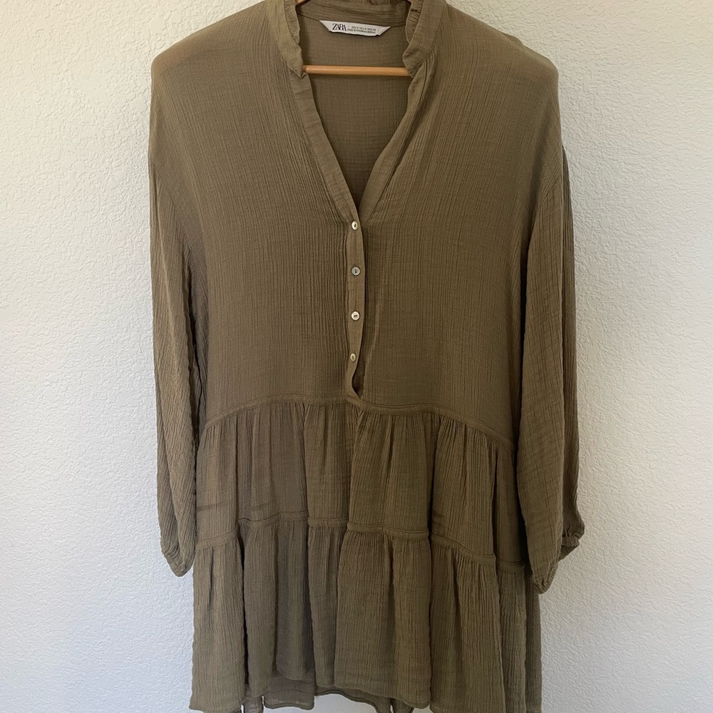 Khaki Zara dress with long sleeves and tiered detail